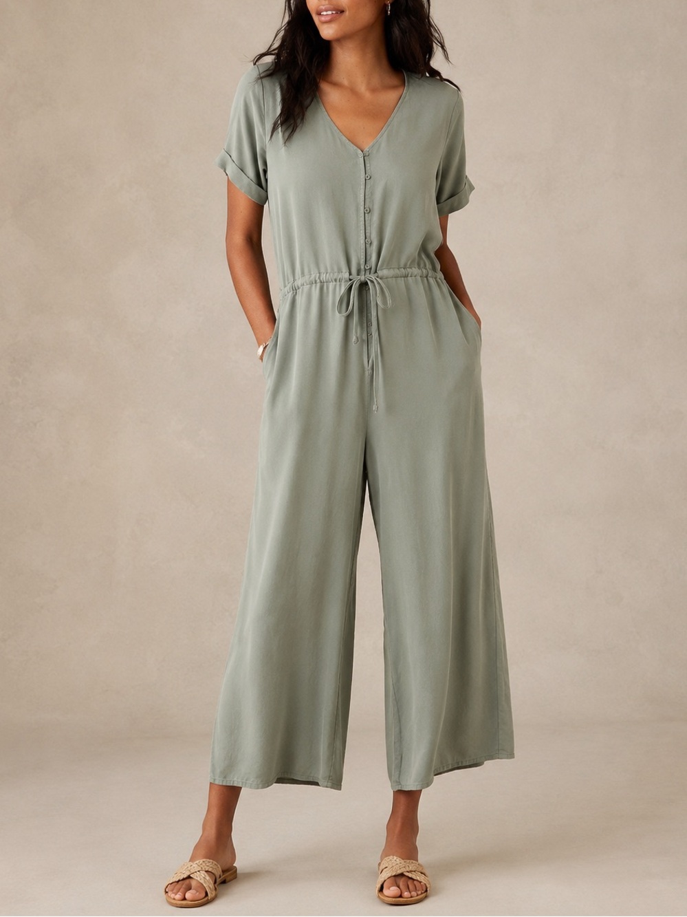 Side Stitch Tencera Sage Green Wide Leg Tie Waist Utility Jumpsuit L NWT